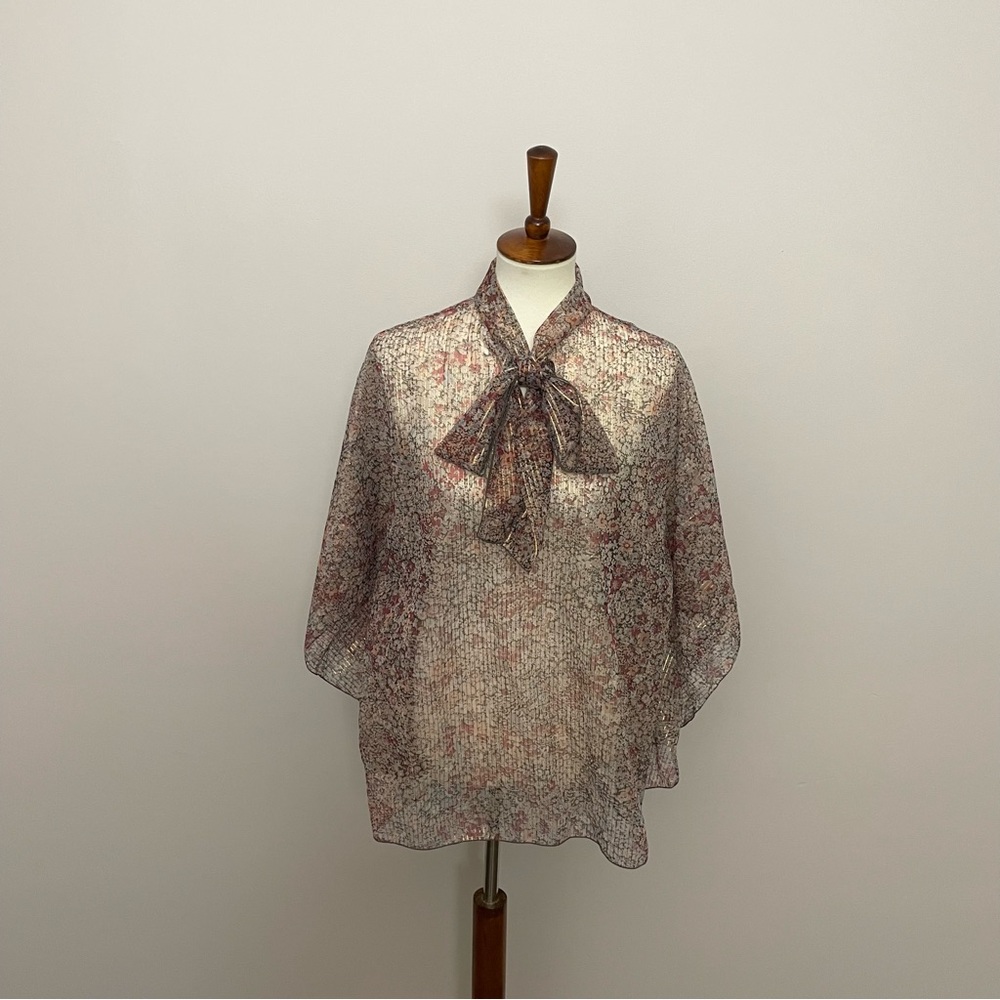 Vintage Mademoiselle Top Blouse Floral Striped Sheer Tie Neck Pink Black Gold